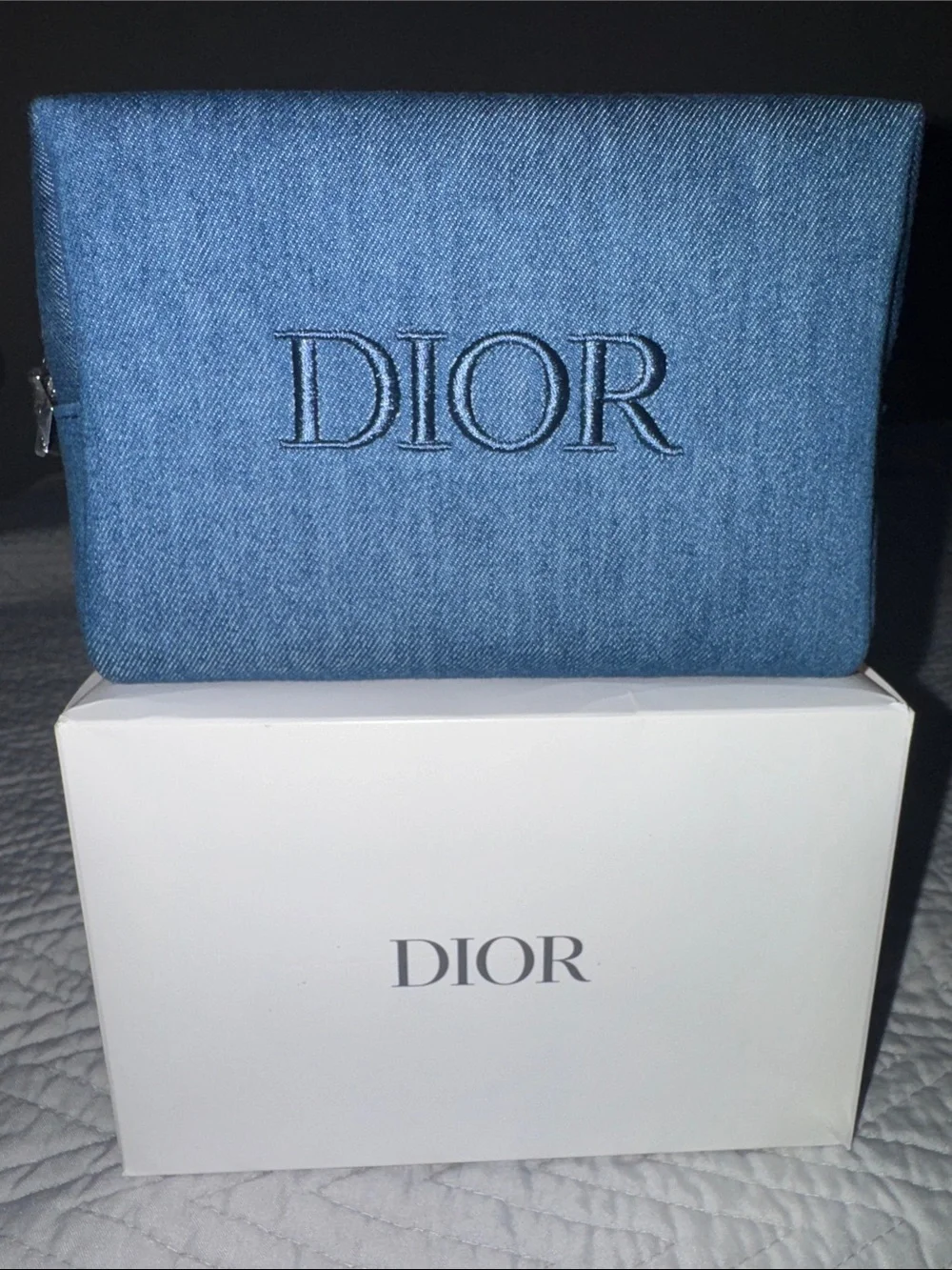 Dior Blue Embroidered Logo Denim Pouch
